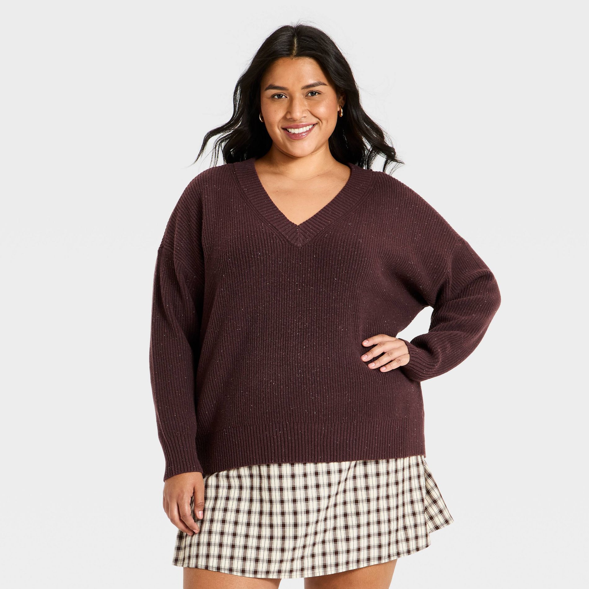 Women's Plus Shaker V-Neck Pullover Sweater - Ava & Viv™