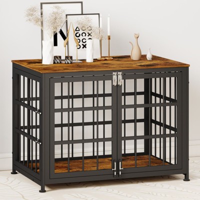 XBRIGH 26in Dog Crate with Lock & Double Door, Wooden Kennel End Table for Small/Medium Dogs, Aged Black