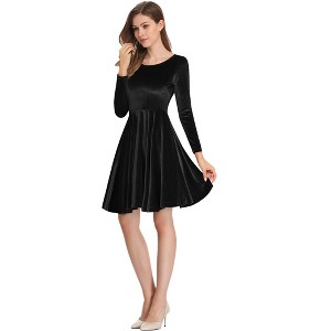 Women's Scoop Neck Wrist Sleeve Length Dress Solid Slim Flowy Swing A-Line Velvet Cocktail Party Dress - 1 of 4