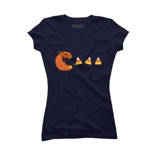 Junior's Design By Humans Halloween Gamer Pumpkin Eating Candy Corn By rawresh6 T-Shirt - 1 of 3