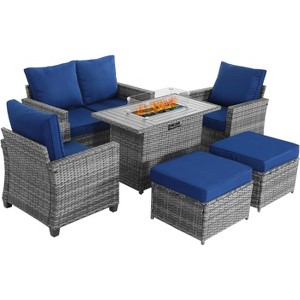Outdoor Furniture Set with Fire Table 6-Piece, All-Weather Wicker Modular Sofa Set with Blue Cushions for Backyard, Patio - 1 of 4