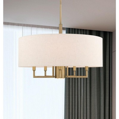 Antique Brass 6-Light Pendant Chandelier with Oatmeal Shade