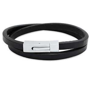 Steeltime Men's black leather wrap bracelet with stainless steel - 1 of 4