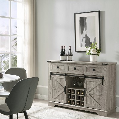 OKD 54" Wine Bar Cabinet w/Sliding Barn Door, Kitchen Coffee Bar Cabinet w/Wine & Glass Rack, 3 Drawers, Large Buffet Sideboard