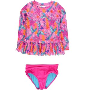RuffleButts Girls UPF50+ Sun Protected Scallop Hem Long Sleeve Rash Guard Bikini - 1 of 4