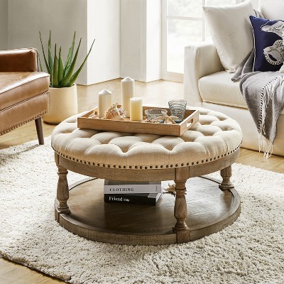 Illyria 36" Wide Transitional Tufted Round Cocktail Ottoman with Storage and Nailhead Trims for Bedroom and Living Room | ARTFUL LIVING DESIGN