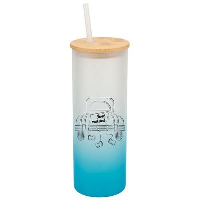 Elanze Designs Just Married Vintage Car Wrap-Around Design 25 Ounce Frosted Gradient Glass On-The-Go Coffee Travel Skinny Tumbler Mug Cup, Bamboo Lid