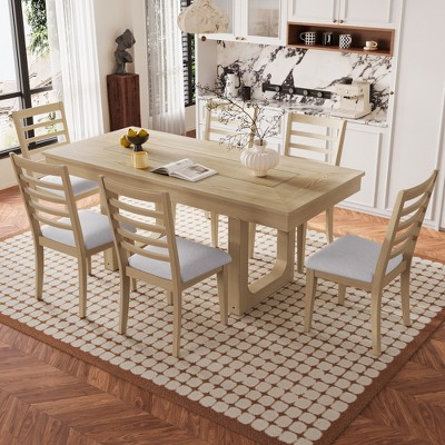 Vynxaria 7-Piece Extendable Farmhouse Dining Set 60"-78" Table + 6 Upholstered Chairs, Solid Rubberwood, Seats 6-8, Easy Assembly