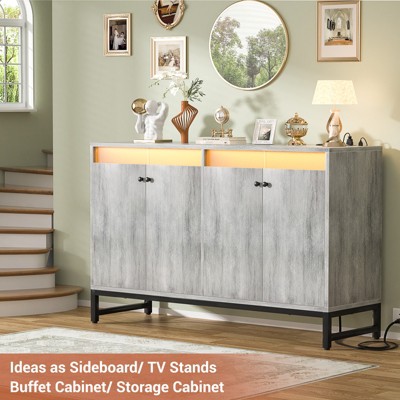 Aheaplus Storage Buffet Cabinet with LED Lights, Coffee Bar with Charging Station