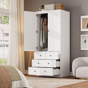 Coolmee Armoire Wardrobe Closet with 3 Drawers and 2 Doors, Wooden Wardrobe Cabinets for Hanging Clothes, Tall Standing Bedroom Armoires - 1 of 4
