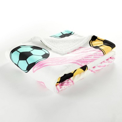Girls' Soccer Kick White and Turquoise Sherpa Throw Blanket