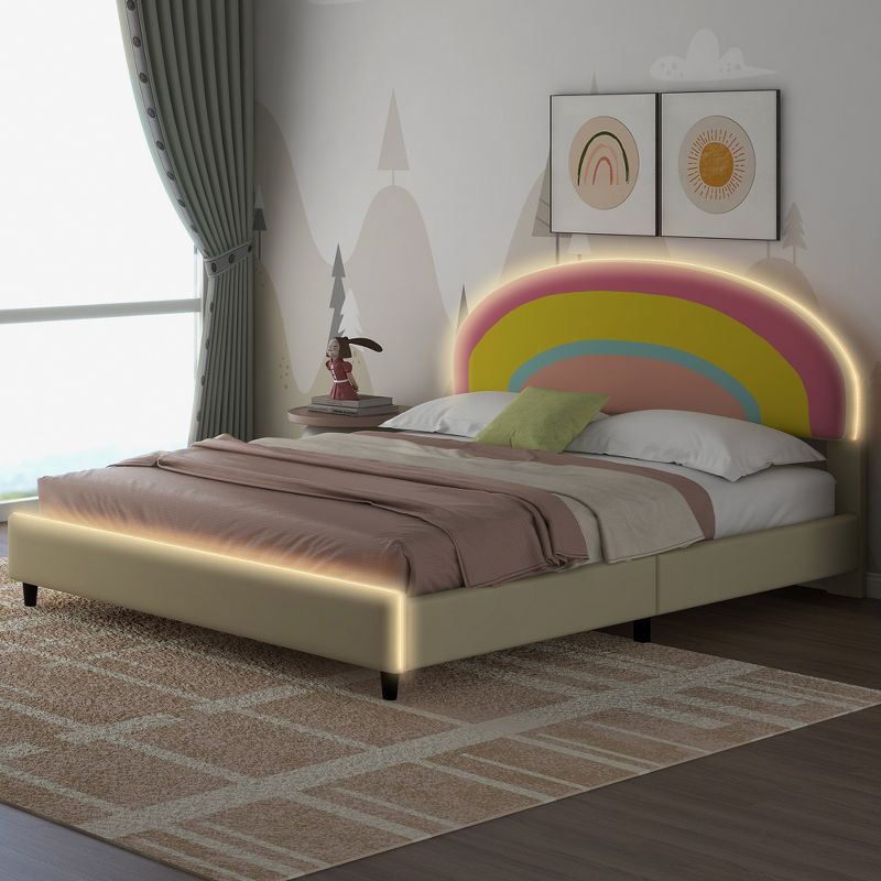 Full/Twin Size Upholstered Platform Bed with Rainbow Shaped and Height-adjustable Headboard, LED Light Strips, Beige -ModernLuxe, 1 of 13