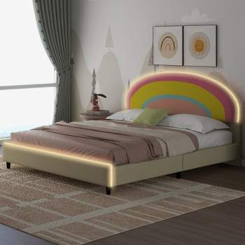 Full/Twin Size Upholstered Platform Bed with Rainbow Shaped and Height-adjustable Headboard, LED Light Strips, Beige -ModernLuxe
