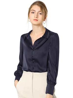 INSPIRE CHIC Women's Puff Long Sleeve Point Collar Vintage Button Work Satin Shirt