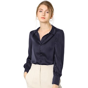 INSPIRE CHIC Women's Puff Long Sleeve Point Collar Vintage Button Work Satin Shirt - 1 of 4
