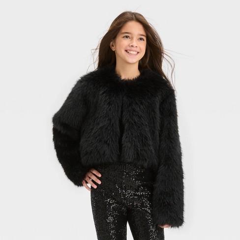 Girls' Faux Fur Cropped Jacket - art class™ Black S