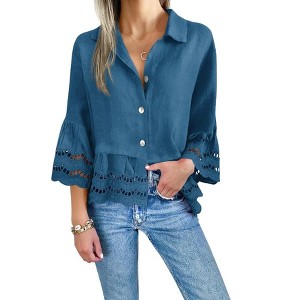 Women's Floral Lace Bell Sleeve Hollow - Out Blouse, Button - Down Collared Shirt with Crochet Detailing - 1 of 1