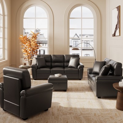 4 Piece Living Room Set, Faux Leather Sofa Set with Storage Ottoman Bench, Ultimate Comfort Couch for Living Room,Lounge Room-Morden Fort
