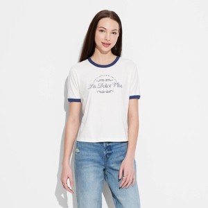 Women's La Dolce Vita Short Sleeve Graphic Ringer T-Shirt - White - 1 of 3