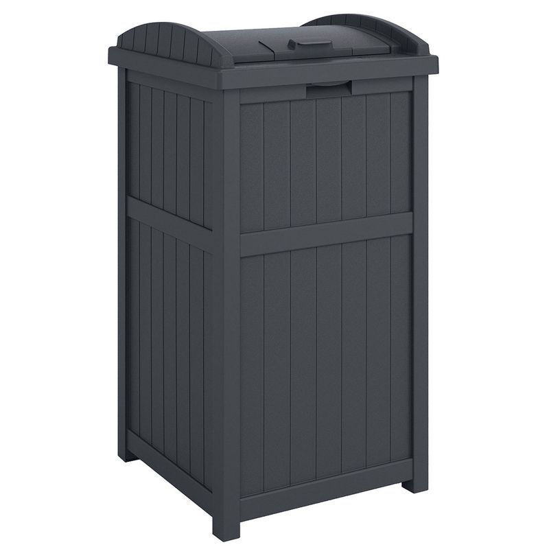 Suncast 22-Gallon Outdoor Patio Backyard Deck Box Storage Bench and 30-Gallon Hideaway Trash Waste Bin with Latching Lid, Cyberspace, 3 of 7