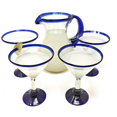 Dos Sueños Mexican Hand Blown Glassware Combo Set - Blue Rim Pitcher and Modern Margarita Glasses