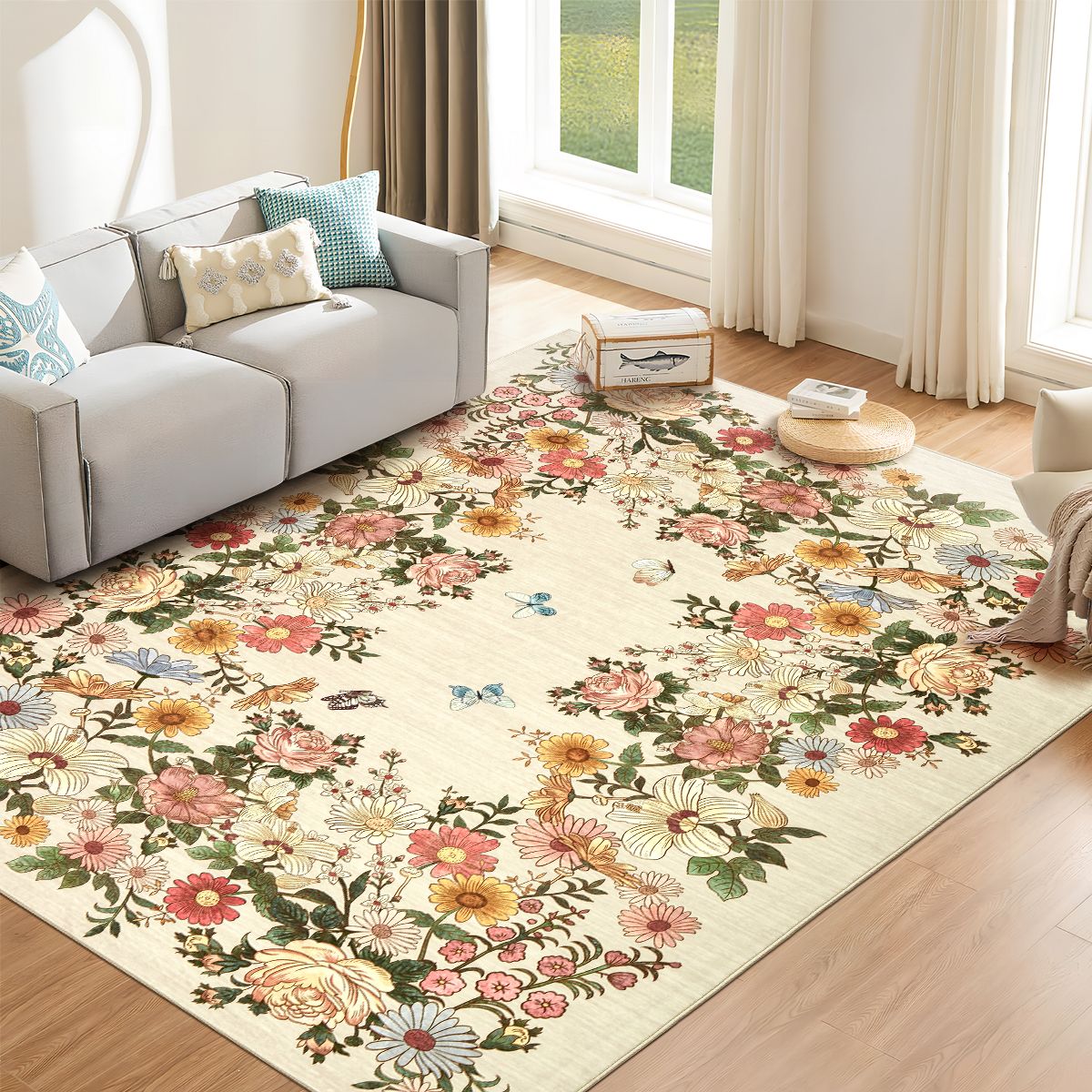 Washable Floral Area Rug, Modern Indoor Rug with Non-Slip TPR Backing, Foldable Flatwoven Pearl Velvet Rug for Living Room (Multiple Colors & Sizes)
