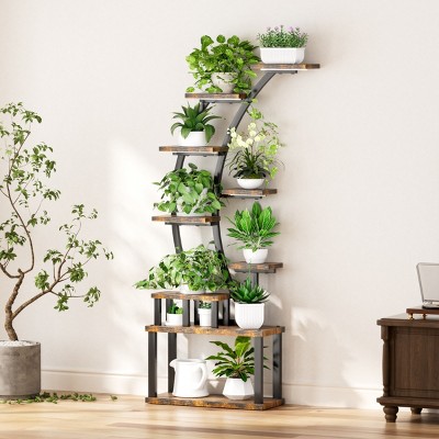 9-Tier Metal Plant Shelf, Adjustable Grow Lights Indoor Stand, Rustic Brown Multi-Layer Display Rack for Living Room Decor - Coolbibila