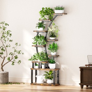 9-Tier Metal Plant Shelf, Adjustable Grow Lights Indoor Stand, Rustic Brown Multi-Layer Display Rack for Living Room Decor - Coolbibila - 1 of 4