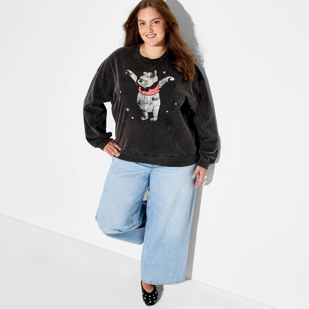 Women's Crewneck Pooh Bat Fleece Graphic Pullover Sweatshirt - Gray 2X