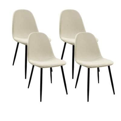 Vynxaria 4 Piece Set Beige/Gray Linen Spoon - Shaped Dining Chairs, Sturdy Black Legs