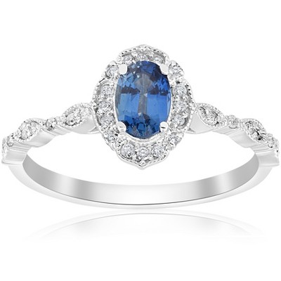 Pompeii3 3/4ct Oval Blue Sapphire Diamond Halo Vintage Engagement Ring 14K White Gold