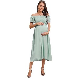 Clearlove Womens Maternity Flutter Short Sleeve Square Neck Summer Casual Dress Smocked Boho Maxi Dress Photoshoot Baby Shower - 1 of 4
