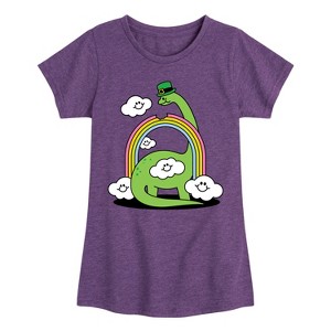 Girls' - Instant Message - St. Patrick's Day Dinosaur Eatting Rainbow Fitted Short Sleeve Graphic T-Shirt - 1 of 4
