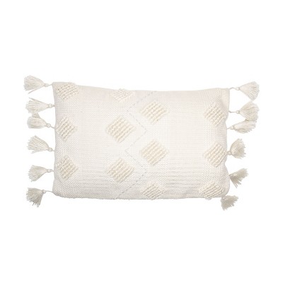 White Hand Woven 14 x 22 inch Outdoor Decorative Throw Pillow Cover With Insert and Hand Tied Tassels - Foreside Home & Garden