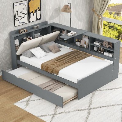 CAVINAS Wood Platform Bed with Storage Headboard, Shelves and 2 Drawers, Twin Size Bed Frame with Upholstered Headboards