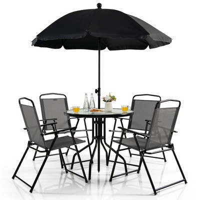 Tangkula 6PCS Patio Garden Dining Set w/ Round Table & 4 Folding Chairs & Umbrella