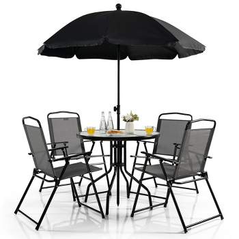 Tangkula 6PCS Patio Garden Dining Set w/ Round Table & 4 Folding Chairs & Tiltable Umbrella