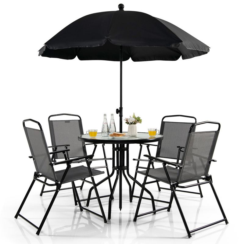 Tangkula 6PCS Patio Garden Dining Set w/ Round Table & 4 Folding Chairs & Tiltable Umbrella, 1 of 9