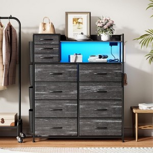 Dresser with Fabric Drawers with 11 Drawers for Storage Clothes,4 Side Pockets,Charging Station & LED Lights,Hooks,Shelves - 1 of 4