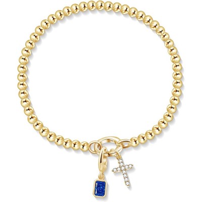 Free bird Cross Birthstone Bracelet | Dainty 14K Gold Plated Cross Charm Bracelet | Stretchable Elastic Gold Beaded Bracelet