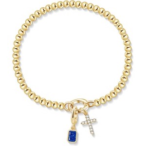 Free bird Cross Birthstone Bracelet | Dainty 14K Gold Plated Cross Charm Bracelet | Stretchable Elastic Gold Beaded Bracelet - 1 of 4