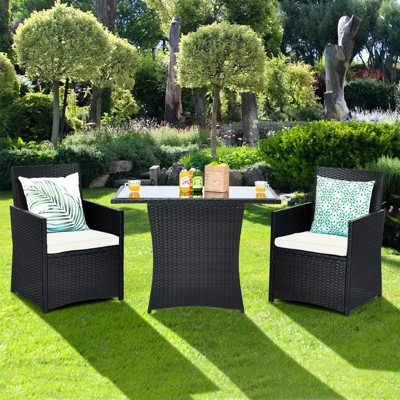 Tangkula 3PCS Patio Rattan Dining Set Space-Saving Furniture Set with Tempered Glass Top Table and Cushioned Chairs