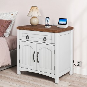 Farmhouse Dresser Nightstand End Table 2-Door Cabinet Bed Side Table with Charging Station White/Oak - 1 of 4