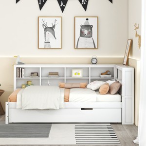 Twin Size Wooden Daybed with Trundle Bed and USB Charging Station for Small Bedroom or Guest Room Storage Solution-Cuddlewood - 1 of 4