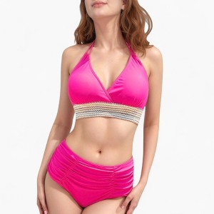 Anna-Kaci Women's High Waist Bikini Set with Crochet Waistband and Halter V Neck Top - 1 of 4