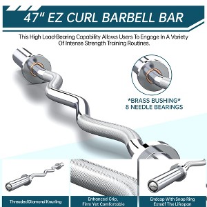 47"  EZ Curl Barbell Bar, 500Lb Capacity EZ Curl Bar for Weight Lifting , Chrome Curling Bar Fit 2” Standard Weights - 1 of 4
