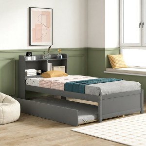 Luxystar Twin Wood Bed with Trundle and Bookcase Headboard for Small Room and Guest Room - 1 of 4