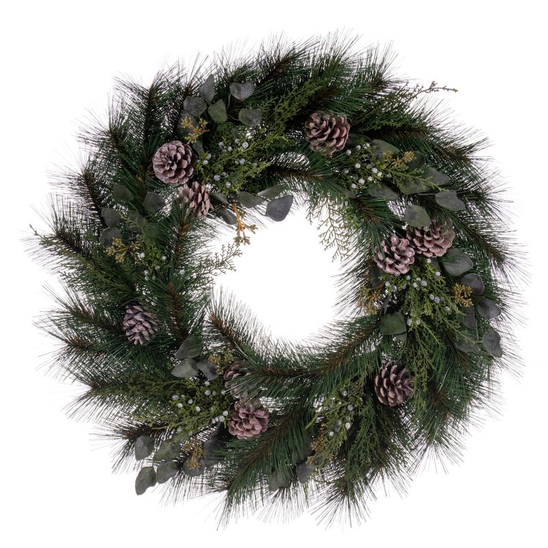 Vickerman 30" Artificial Long Leaf Pine with Seeded Cedar, Eucalyptus Foliage, and Pinecones Wreath, 1 of 6