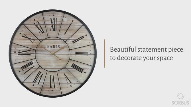 Sorbus 16" Oversized Rustic Farmhouse Style Solid Wood with Metal Details Analog Round Wall Clock - Beautifully decorate any wall in the household, 2 of 9, play video