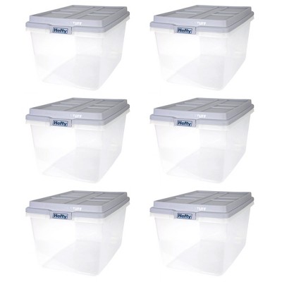Hefty 72 Quart Hi-Rise Storage Bin with Lid, Stackable Plastic Container Tote for Home, Office, and Classroom Organization, 6 Pack, Quarry Gray